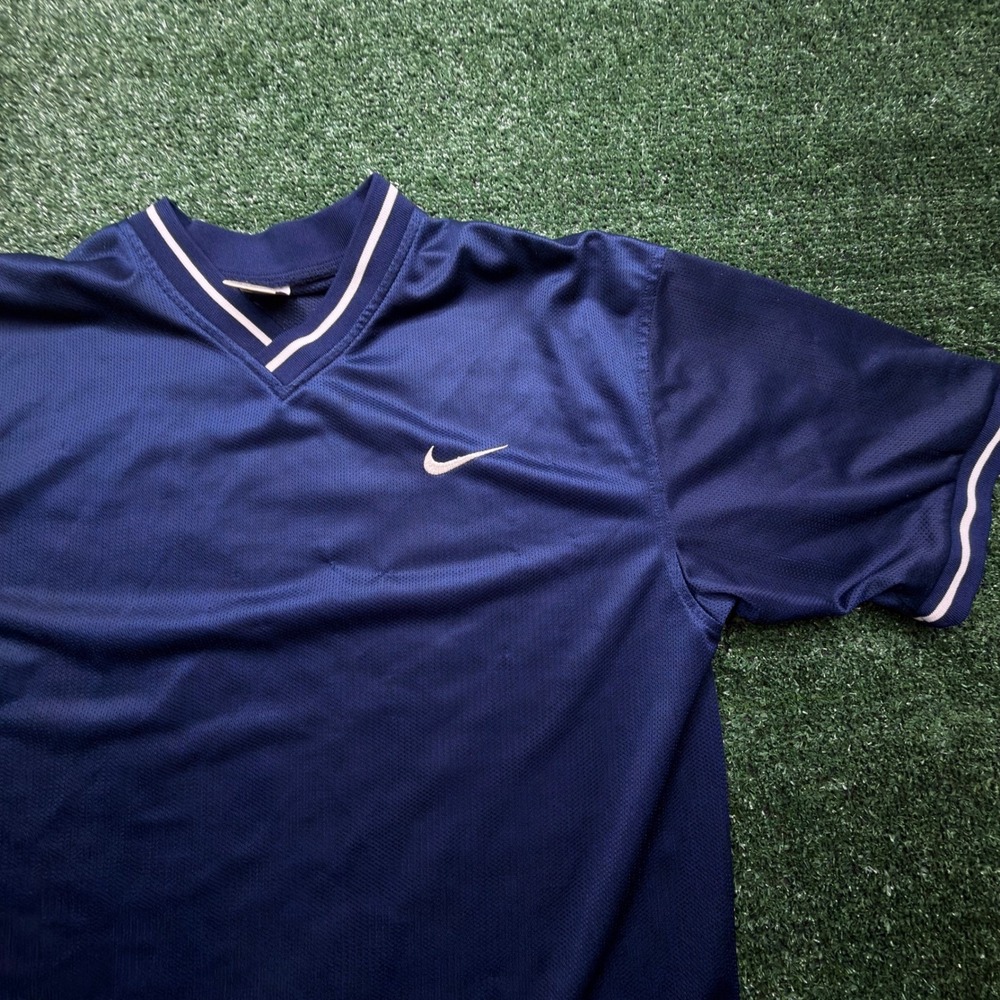 Vintage 90s‎ Nike Mesh V-Neck Shirt Mens Medium Navy Blue Embroidered Swoosh